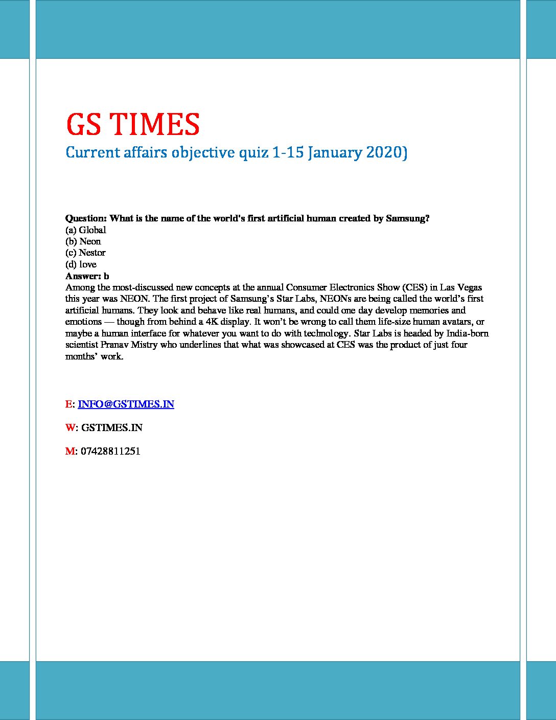 Current Affairs Objective Quiz with explanation pdf 1-15 January 2020