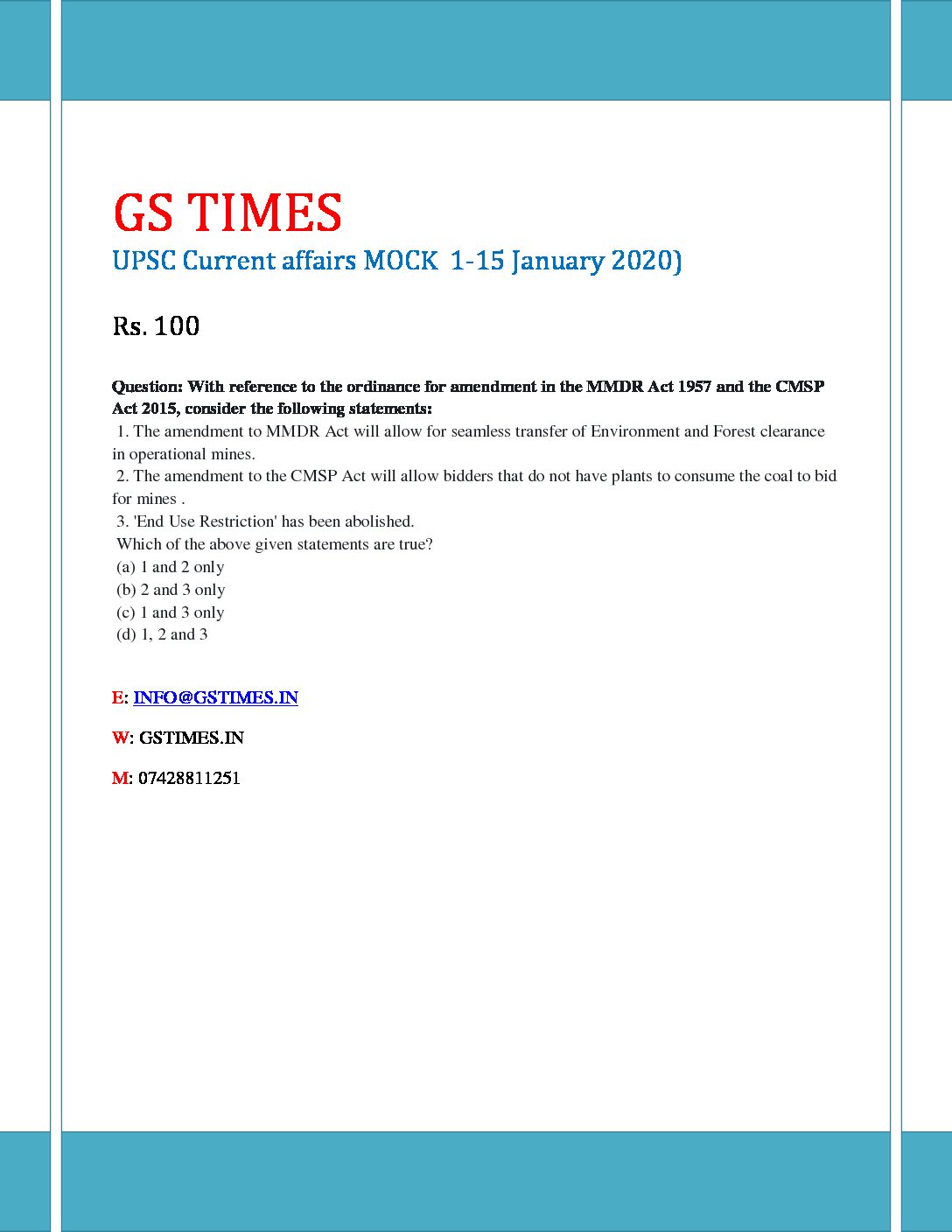 UPSC PT 2020 Current Based General Studies-1 Mock 1-15 January 2020 English